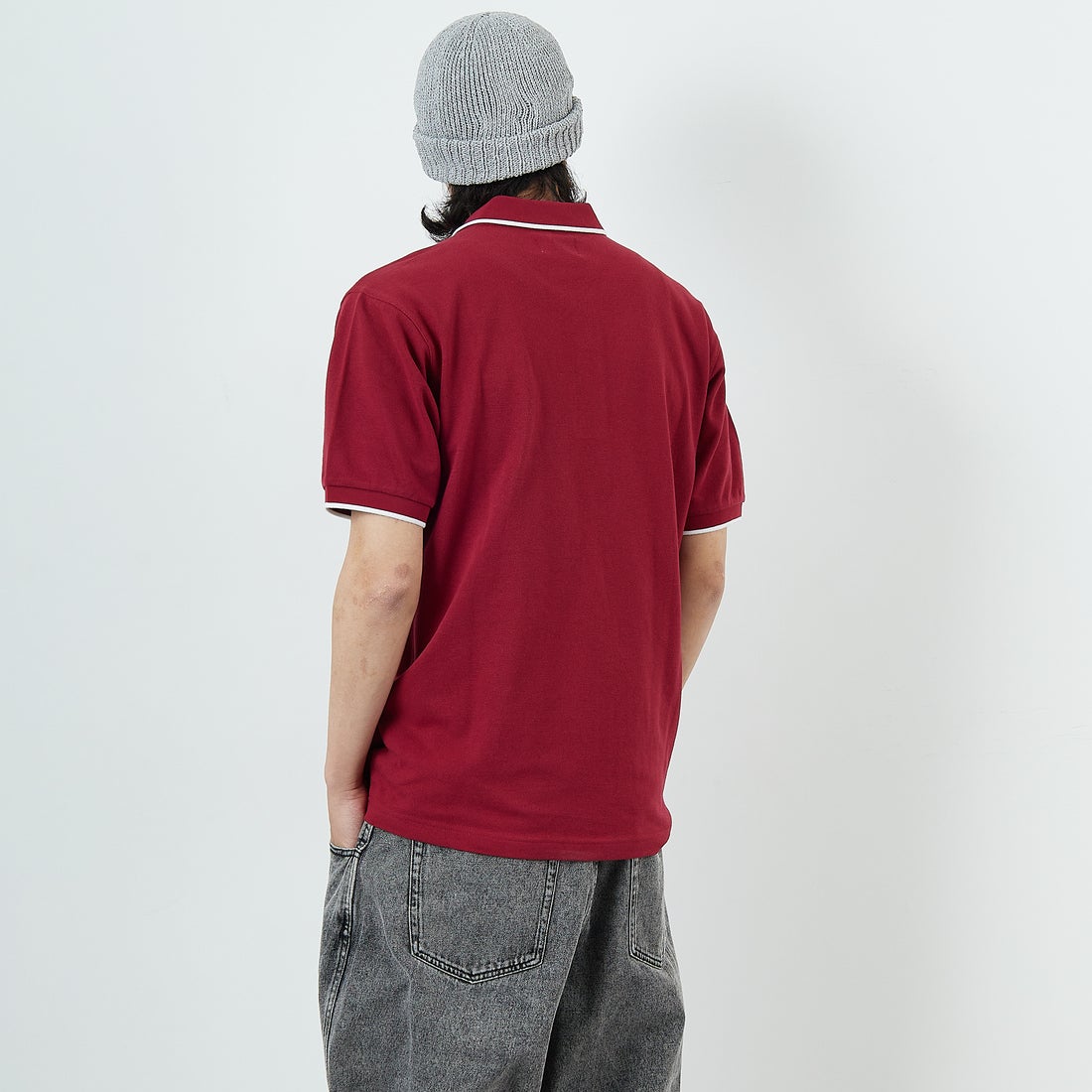 THE FOX [ザフォックス] 別注 ワンポイントロゴ ティップラインポロシャツ [JFU25SS-09-JF] BUR/WHT &&モデル身長：179cm 着用サイズ：XL&&