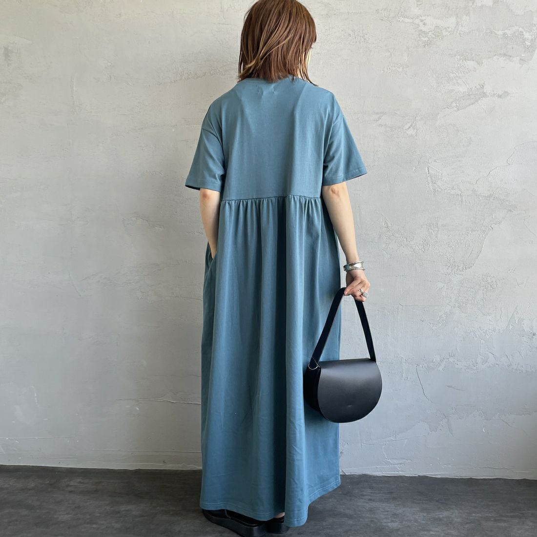 THE FOX [ザフォックス] 別注 ウエスト切替 マキシ丈ギャザーワンピース [JFL25SS-07-JF] ﾌﾞﾙｰ &&モデル身長：158cm 着用サイズ：M&&