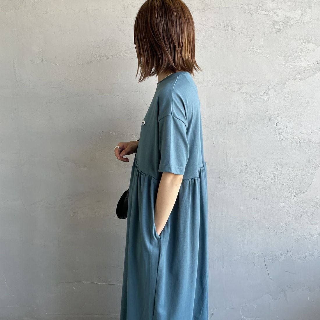 THE FOX [ザフォックス] 別注 ウエスト切替 マキシ丈ギャザーワンピース [JFL25SS-07-JF] ﾌﾞﾙｰ &&モデル身長：158cm 着用サイズ：M&&