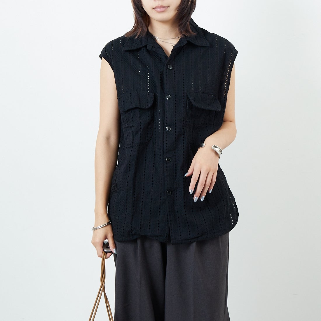 THE ALASKAN [アラスカン] ハコバストライプ ノースリーブブラウス [AL251HS16021] BLACK &&モデル身長：167cm 着用サイズ：S&&