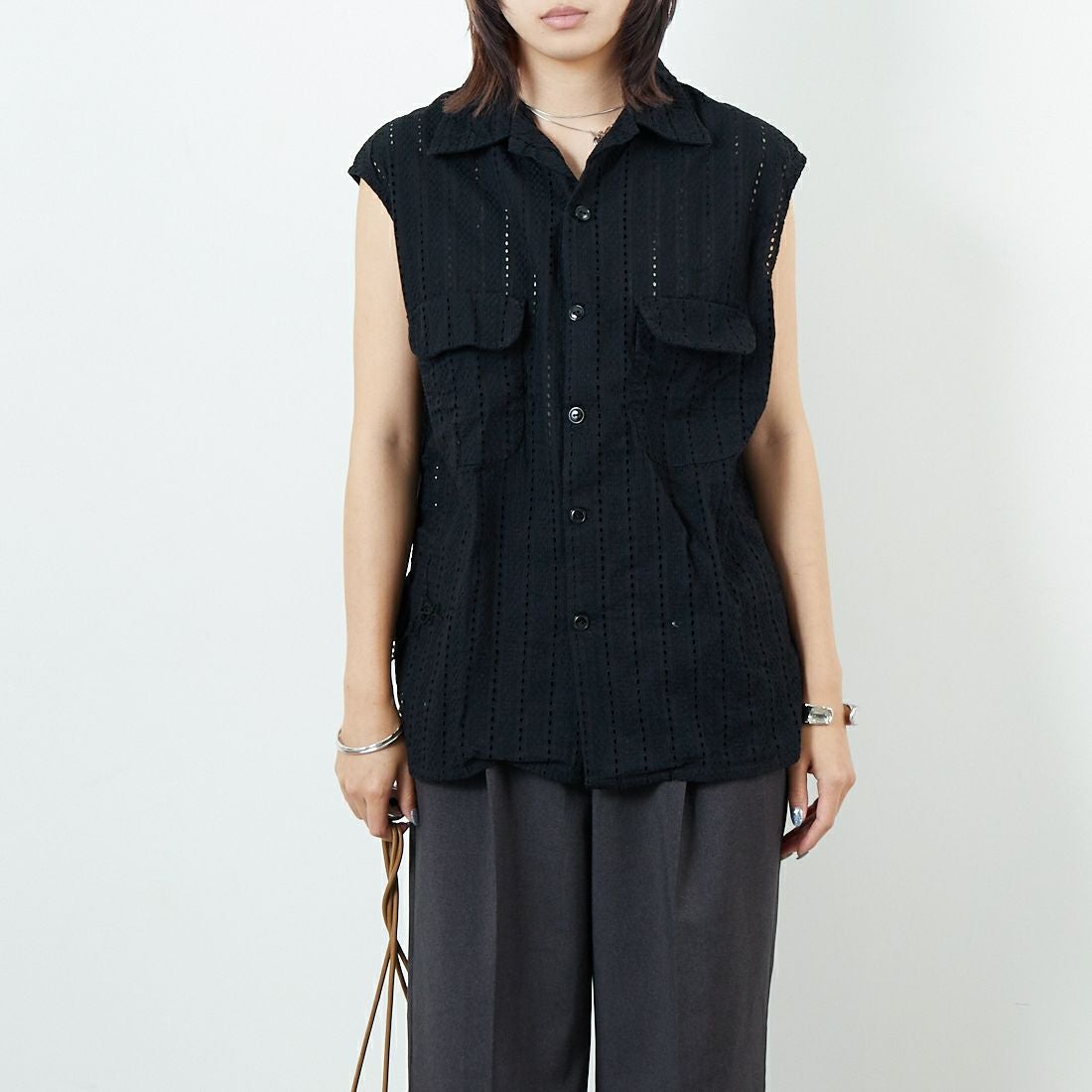 THE ALASKAN [アラスカン] ハコバストライプ ノースリーブブラウス [AL251HS16021] BLACK &&モデル身長：167cm 着用サイズ：S&&