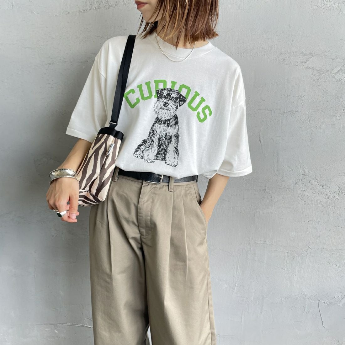 SCREEN STARS [スクリーンスターズ] 別注 ドッグ&キャットプリントTシャツ [2522-SSIN-JF] WHT DOG &&モデル身長：158cm 着用サイズ：F&&