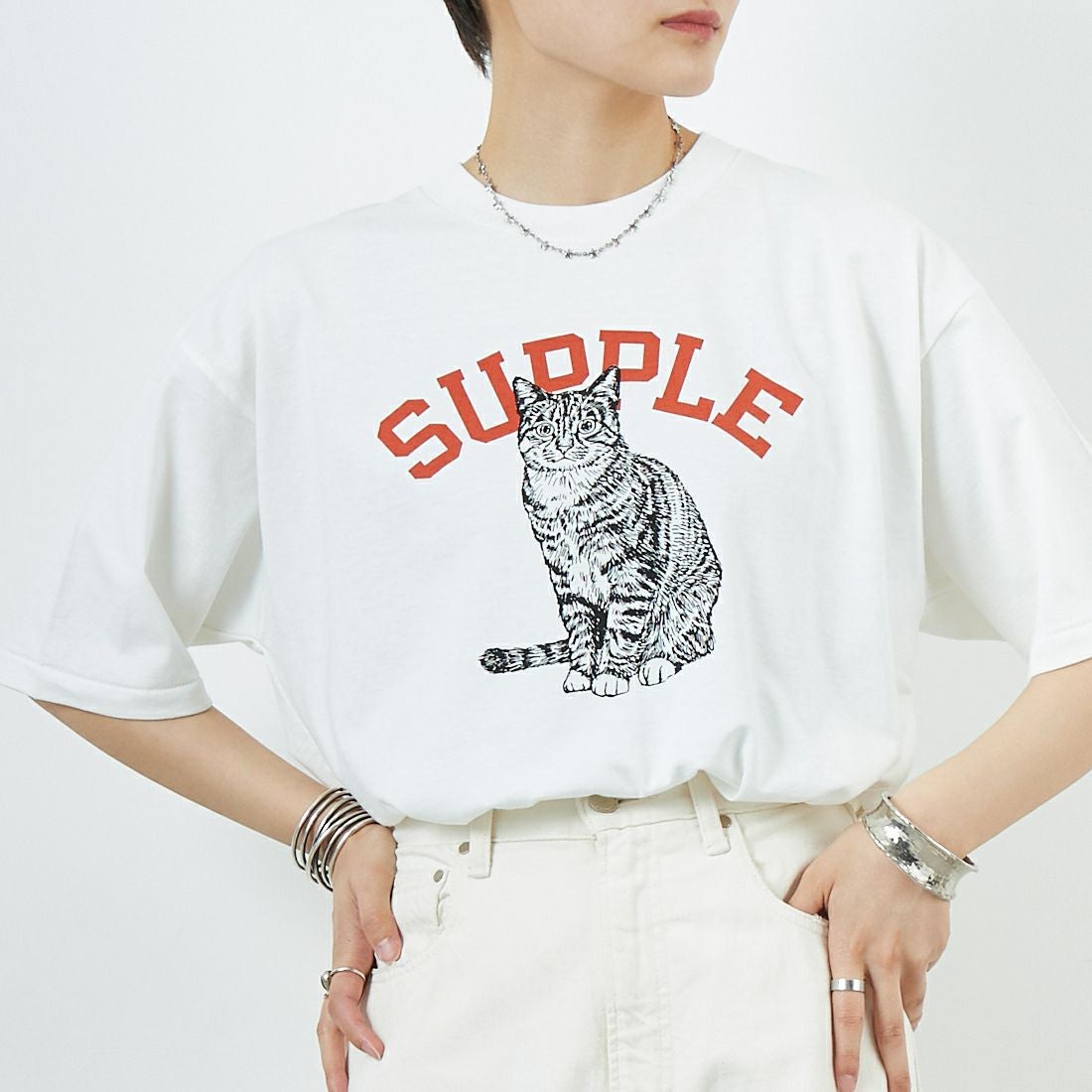 SCREEN STARS [スクリーンスターズ] 別注 ドッグ&キャットプリントTシャツ [2522-SSIN-JF] WHT CAT &&モデル身長：160cm 着用サイズ：F&&