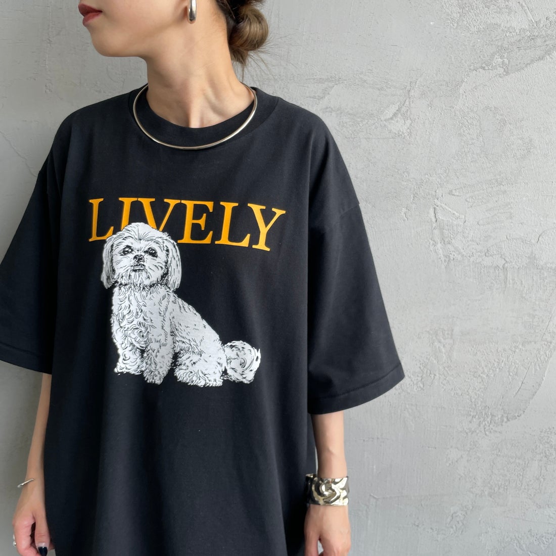 SCREEN STARS [スクリーンスターズ] 別注 ドッグ&キャットプリントTシャツ [2522-SSIN-JF] BLK DOG &&モデル身長：150cm 着用サイズ：F&&