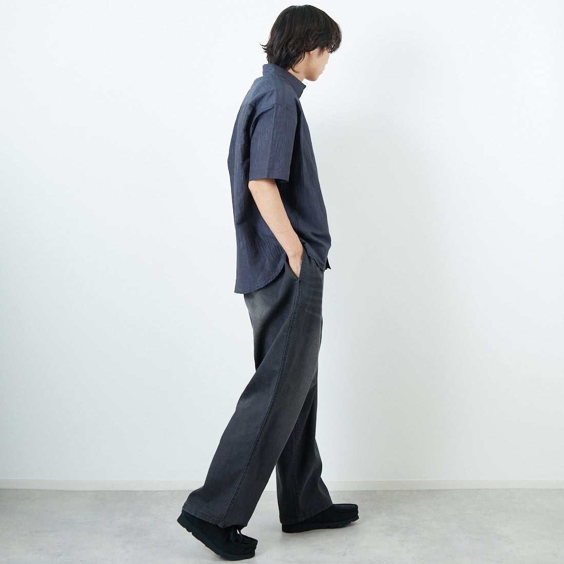 SLICK [スリック] リネンワッシャーチェックレギュラーカラーシャツ [5220109] 210 NAVY &&モデル身長：179cm 着用サイズ：1&&