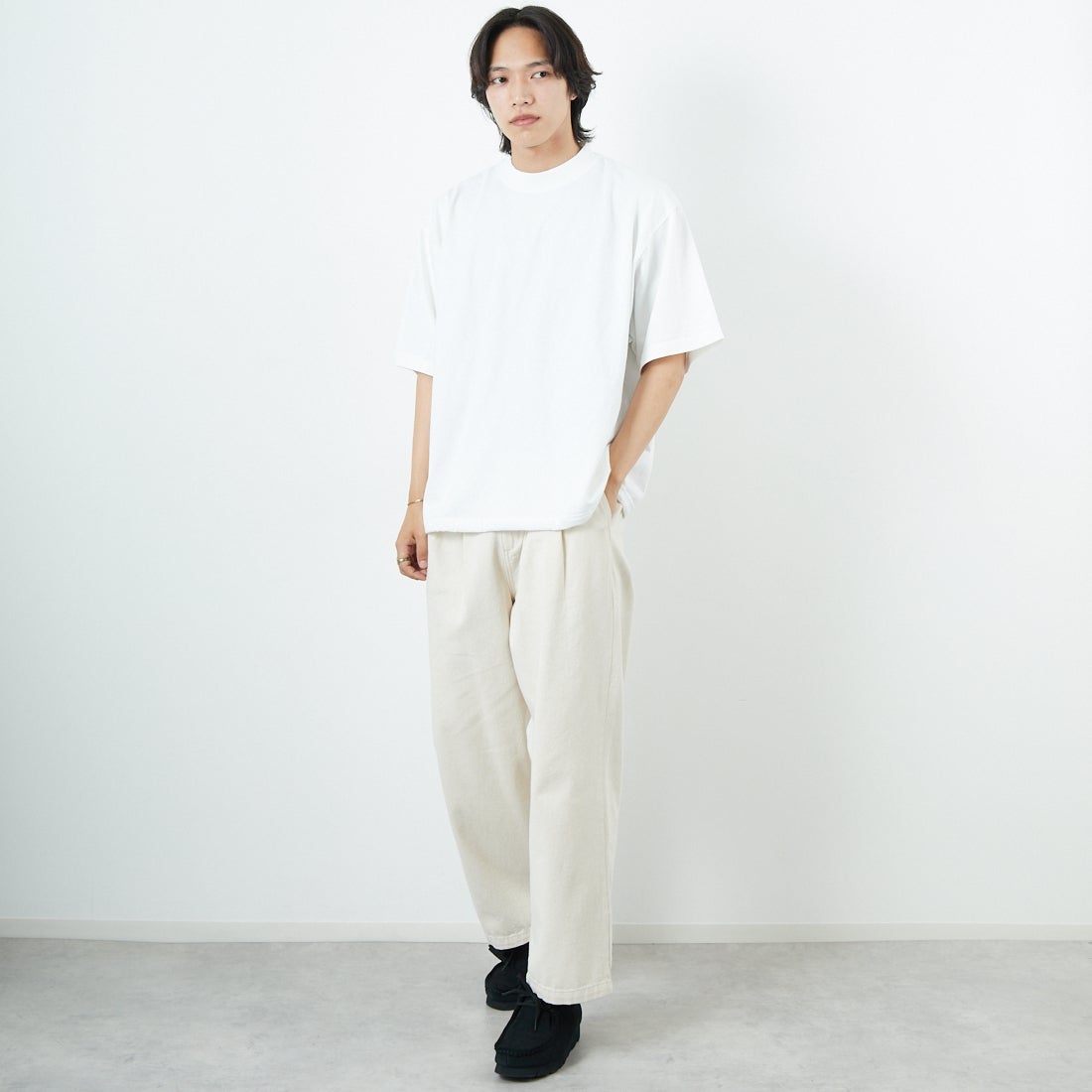 SHAKA WeAR [シャカウェア] 別注 ドローコードショートスリーブTシャツ [DC-SW001-JF] WHITE &&モデル身長：179cm 着用サイズ：M&&