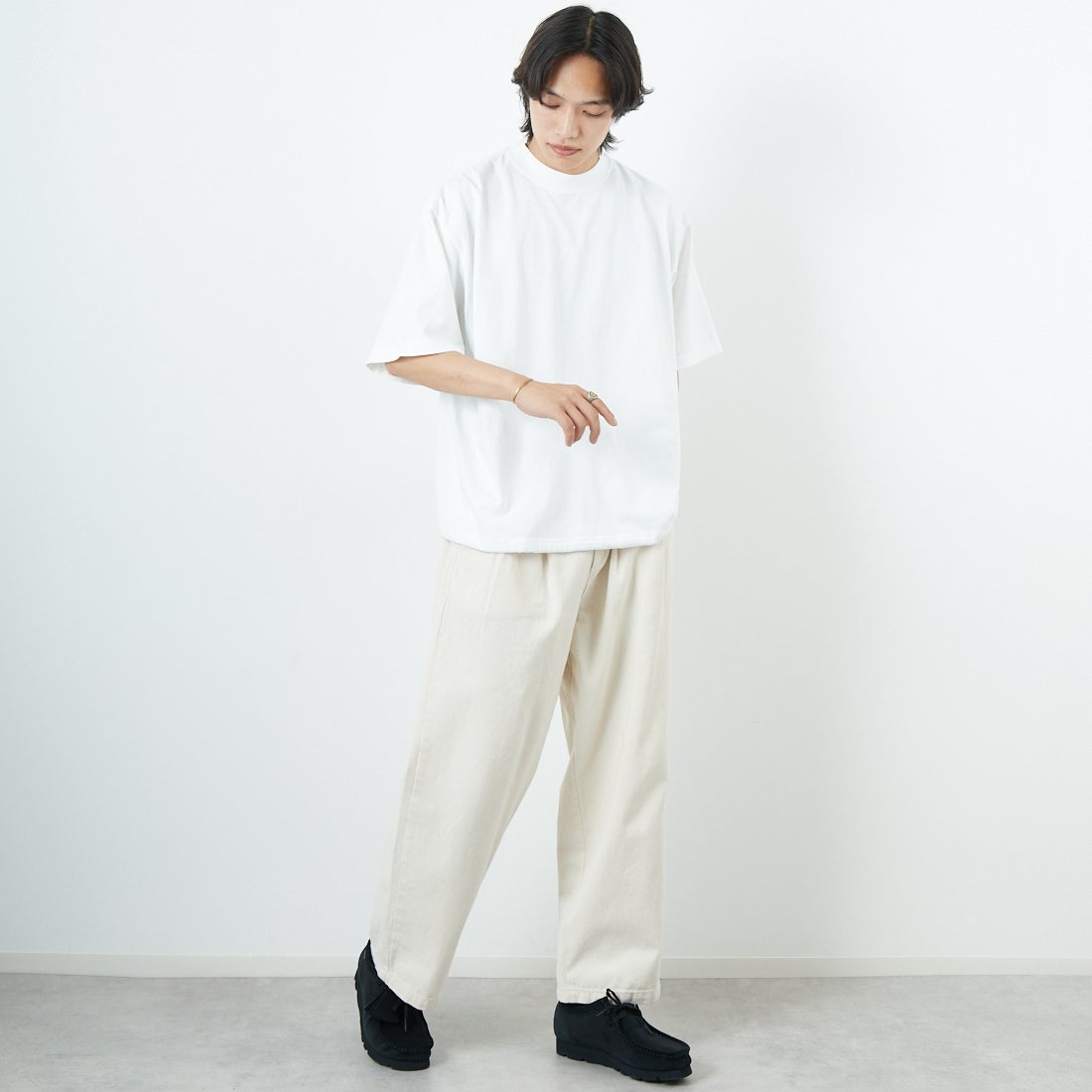 SHAKA WeAR [シャカウェア] 別注 ドローコードショートスリーブTシャツ [DC-SW001-JF] WHITE &&モデル身長：179cm 着用サイズ：M&&