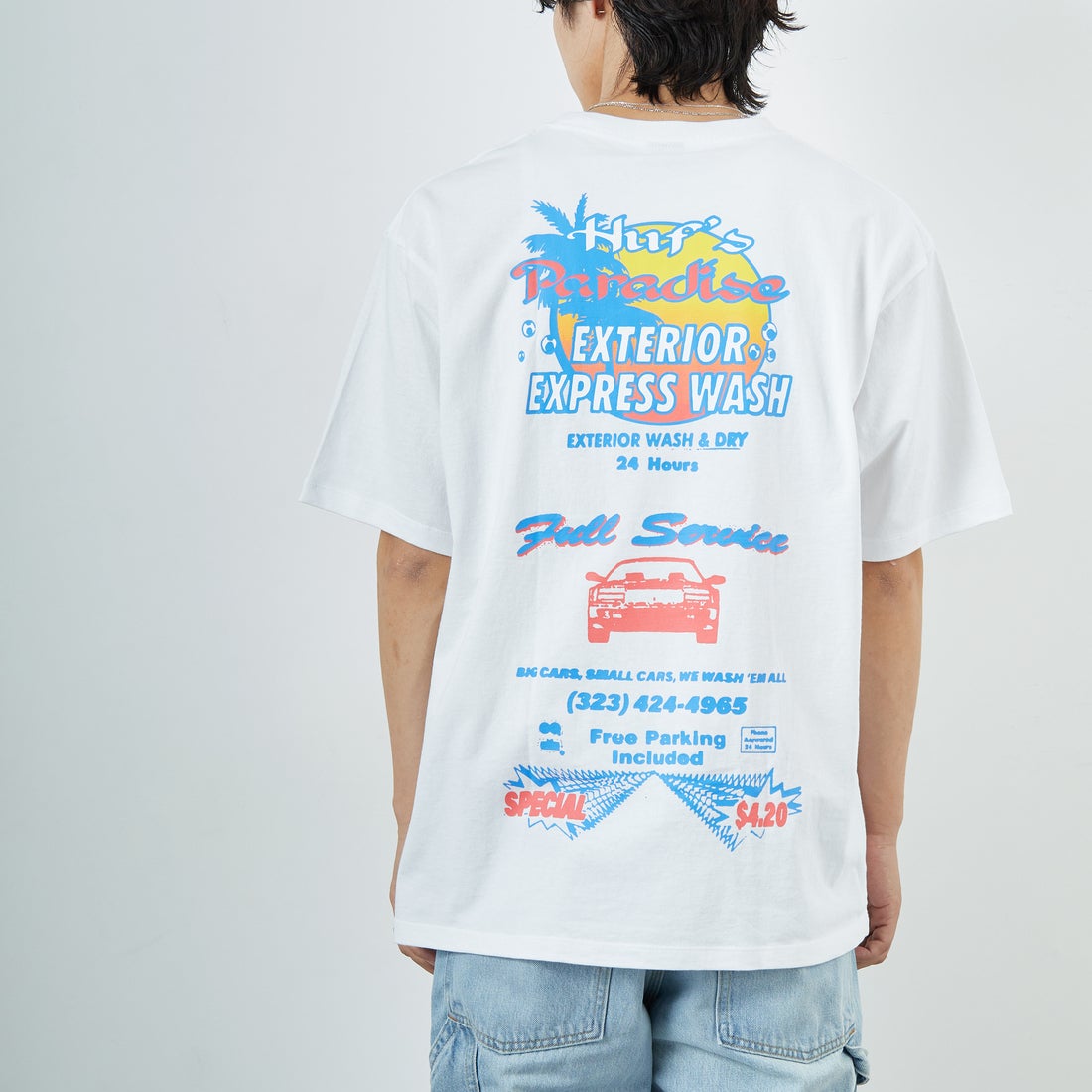 HUF [ハフ] フルサービス ショートスリーブTシャツ [TS02455] WHITE &&モデル身長：179cm 着用サイズ：L&&