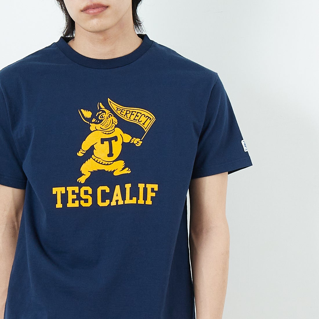 The Endless Summer [エンドレスサマー] カレッジロゴ フロッキープリントTシャツ [FH-25574337] 60 NAVY &&モデル身長：179cm 着用サイズ：M&&