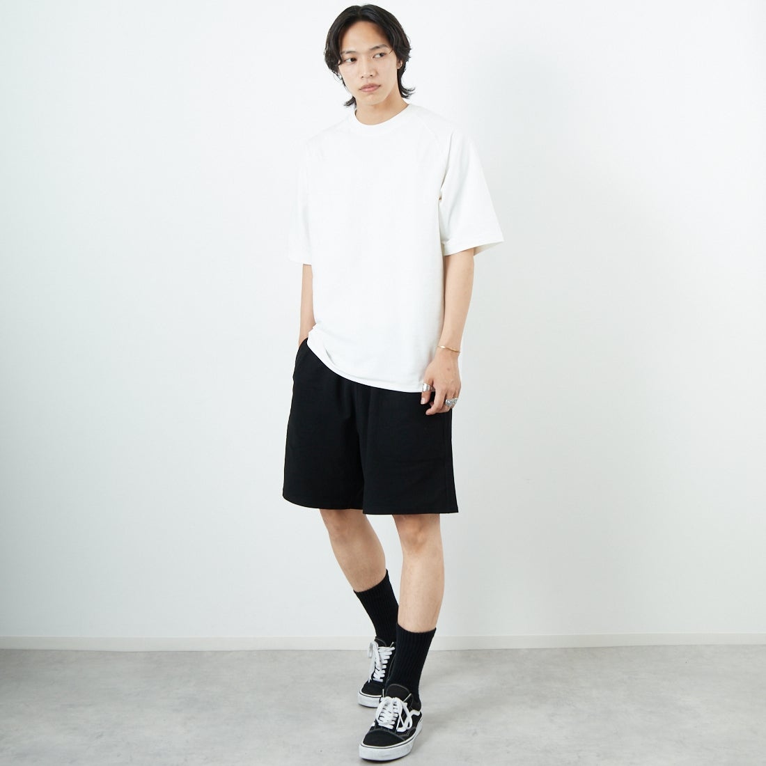 Jeans Factory Clothes [ジーンズファクトリークローズ] TECH WEAR クールリカバーショーツ [JFC-252-023] BLACK &&モデル身長：179cm 着用サイズ：L&&