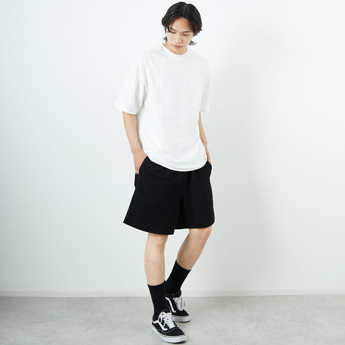 Jeans Factory Clothes [ジーンズファクトリークローズ] TECH WEAR クールリカバーショーツ [JFC-252-023] BLACK &&モデル身長：179cm 着用サイズ：L&&