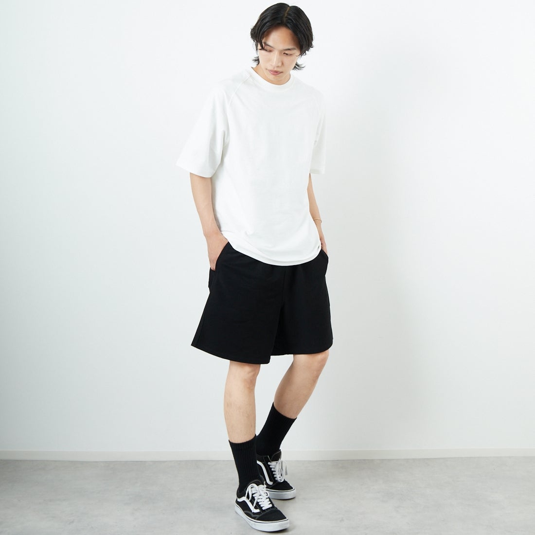 Jeans Factory Clothes [ジーンズファクトリークローズ] TECH WEAR クールリカバーショーツ [JFC-252-023] BLACK &&モデル身長：179cm 着用サイズ：L&&