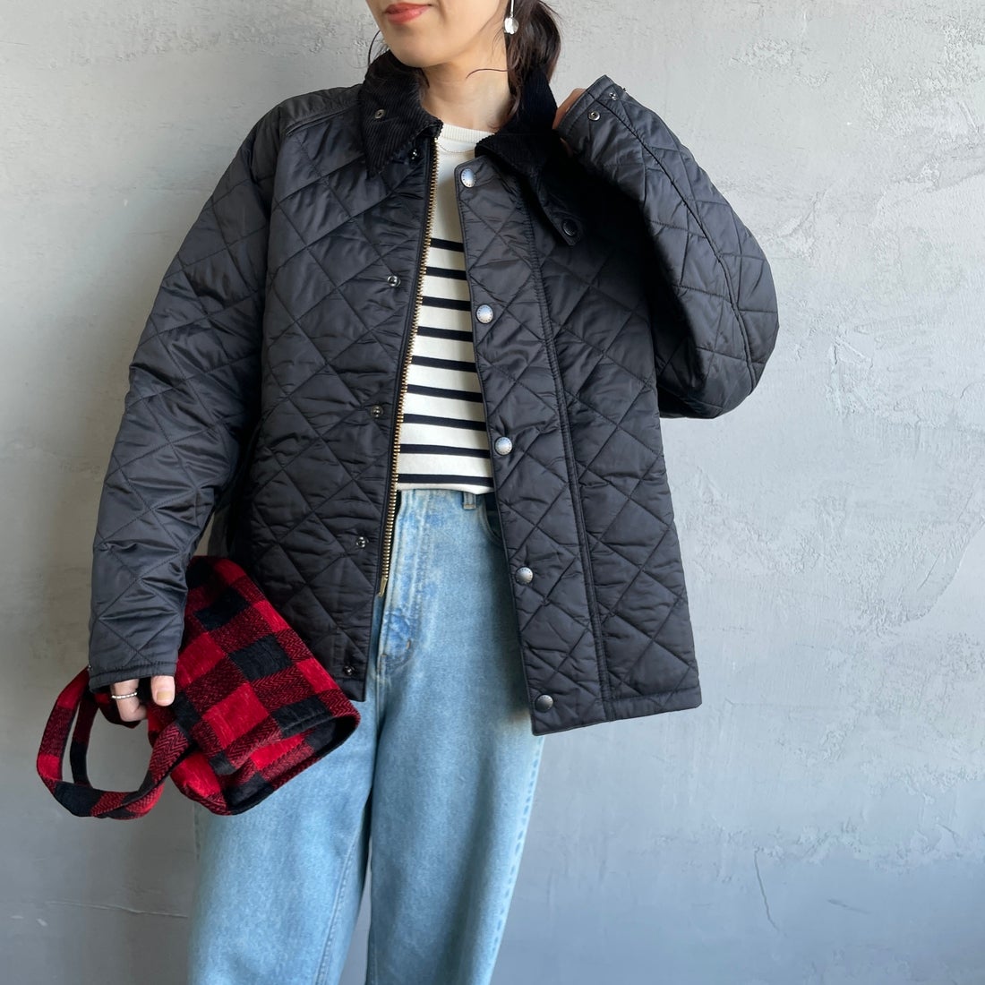 Barbour [バブアー] TRANSPORT/トランスポート オーバーサイズキルティングジャケット [MQU1796] BK91&&モデル身長：160cm 着用サイズ：36&&