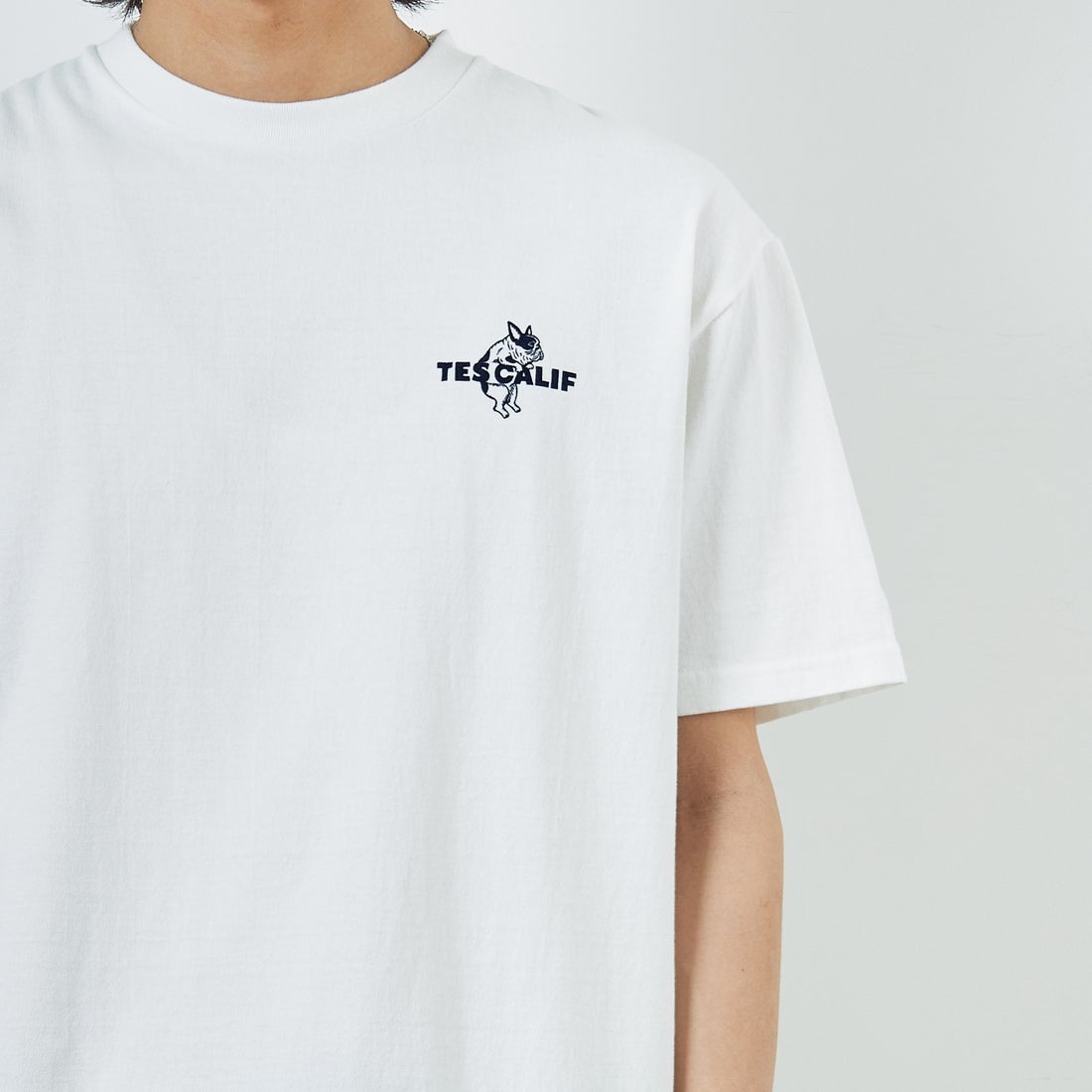 The Endless Summer [エンドレスサマー] 別注 ワンポイントBUHIフロッキープリントTシャツ [FH-25574516-JF] WHITE &&モデル身長：179cm 着用サイズ：XL&&