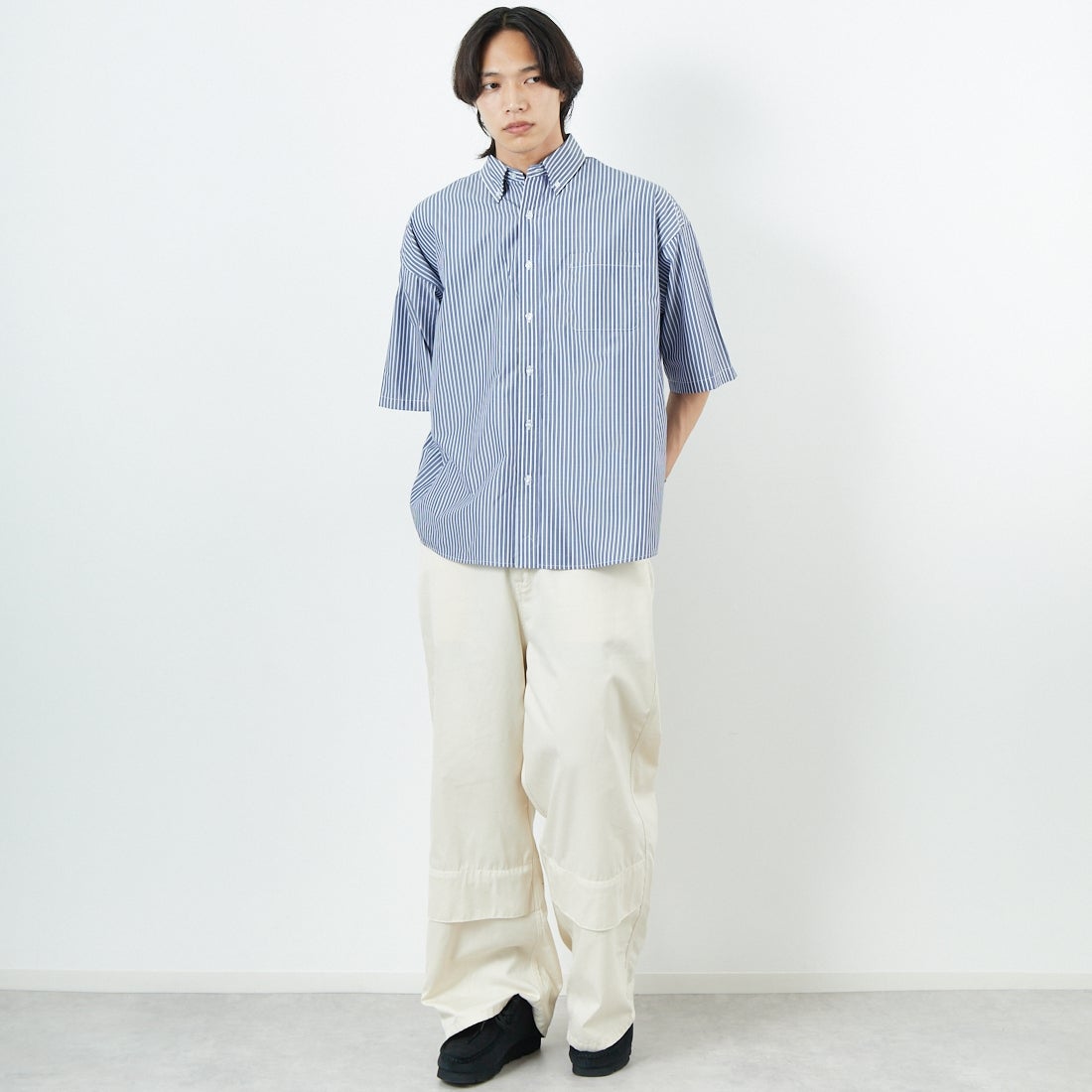 Jeans Factory Clothes [ジーンズファクトリークローズ] ショートスリーブ ビッグボタンダウンシャツ [JFC-252-056] E.NV ST &&モデル身長：179cm 着用サイズ：M&&