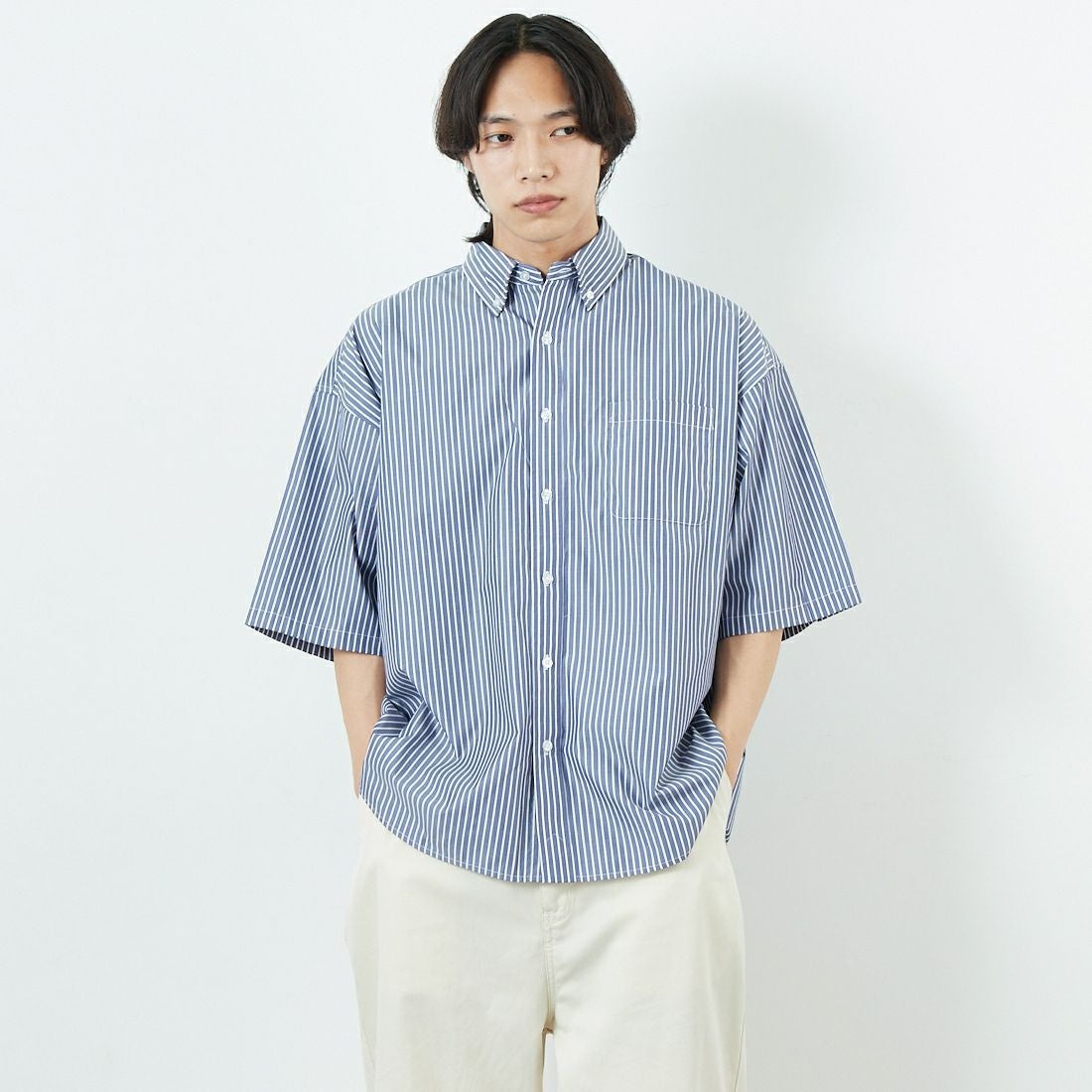 Jeans Factory Clothes [ジーンズファクトリークローズ] ショートスリーブ ビッグボタンダウンシャツ [JFC-252-056] E.NV ST &&モデル身長：179cm 着用サイズ：M&&