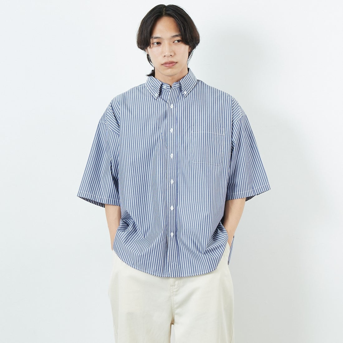 Jeans Factory Clothes [ジーンズファクトリークローズ] ショートスリーブ ビッグボタンダウンシャツ [JFC-252-056] E.NV ST &&モデル身長：179cm 着用サイズ：M&&