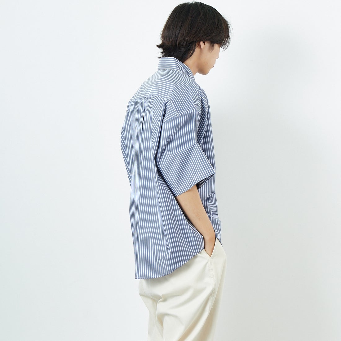 Jeans Factory Clothes [ジーンズファクトリークローズ] ショートスリーブ ビッグボタンダウンシャツ [JFC-252-056] E.NV ST &&モデル身長：179cm 着用サイズ：M&&