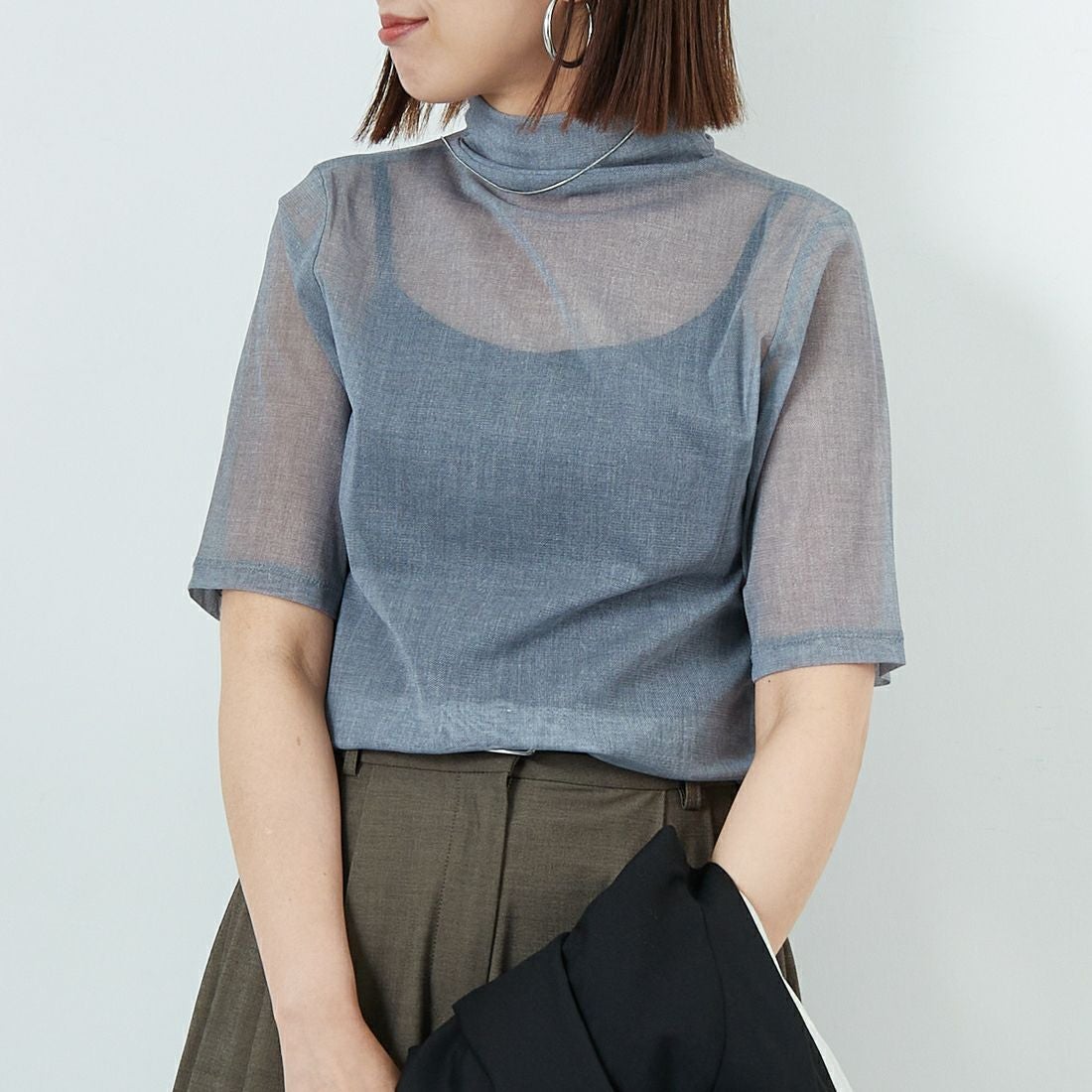 Jeans Factory Clothes [ジーンズファクトリークローズ] メランジプリントチュールプルオーバー [7655089] GRAY &&モデル身長：159cm 着用サイズ：F&&