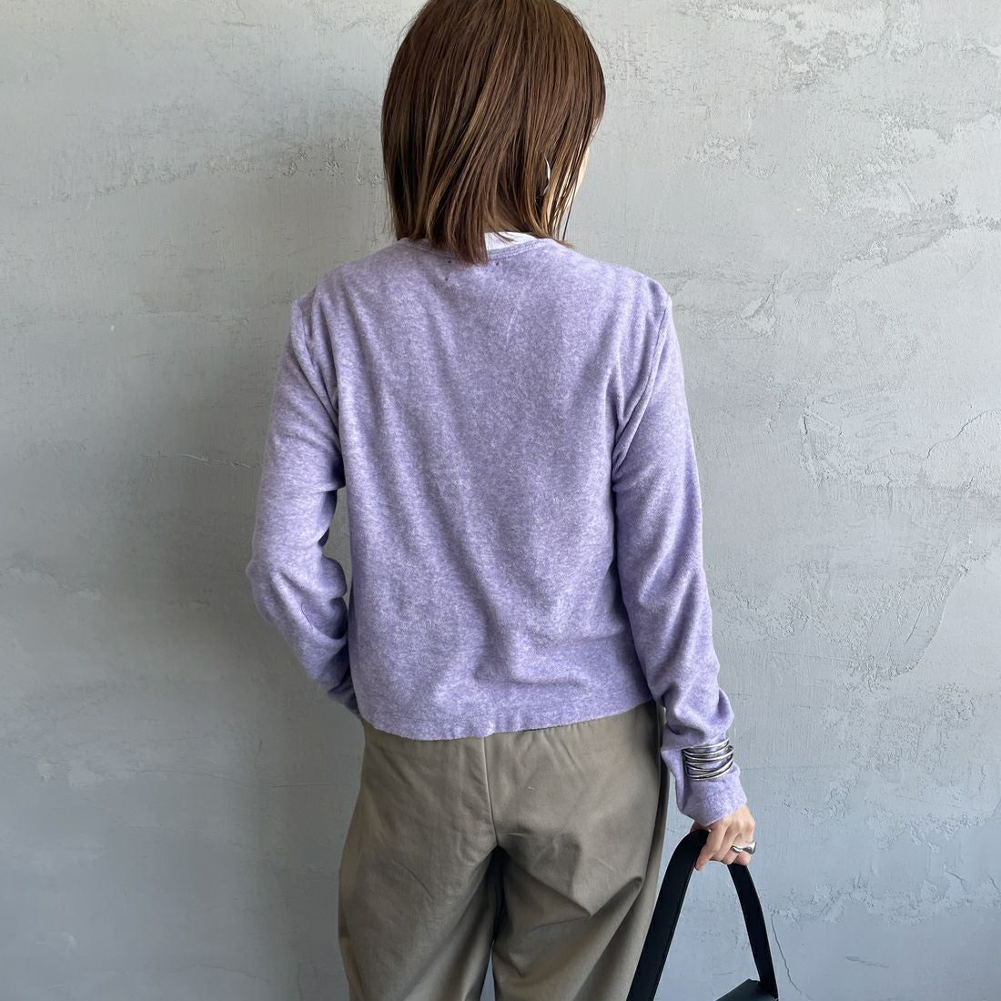 MEYAME [メヤメ] オーガニックコットンパイルカーディガン [MEY-2126] PURPLE &&モデル身長：158cm 着用サイズ：F&&
