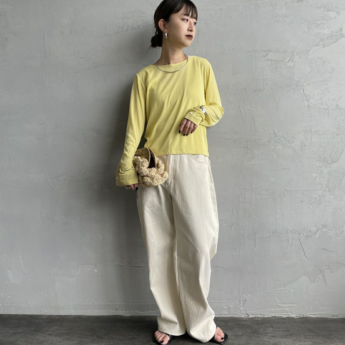 Jf Ready Made [ジェイエフレディメイド] 強撚フライス2WAYカーディガン [3103102] 201 ｲｴﾛｰ &&モデル身長：150cm 着用サイズ：F&&