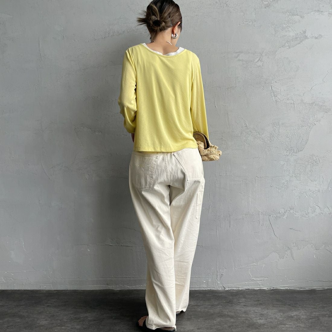 Jf Ready Made [ジェイエフレディメイド] 強撚フライス2WAYカーディガン [3103102] 201 ｲｴﾛｰ &&モデル身長：150cm 着用サイズ：F&&