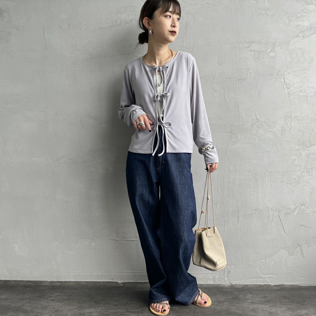 Jf Ready Made [ジェイエフレディメイド] 強撚フライス2WAYカーディガン [3103102] 805 ｸﾞﾚｲ &&モデル身長：150cm 着用サイズ：F&&