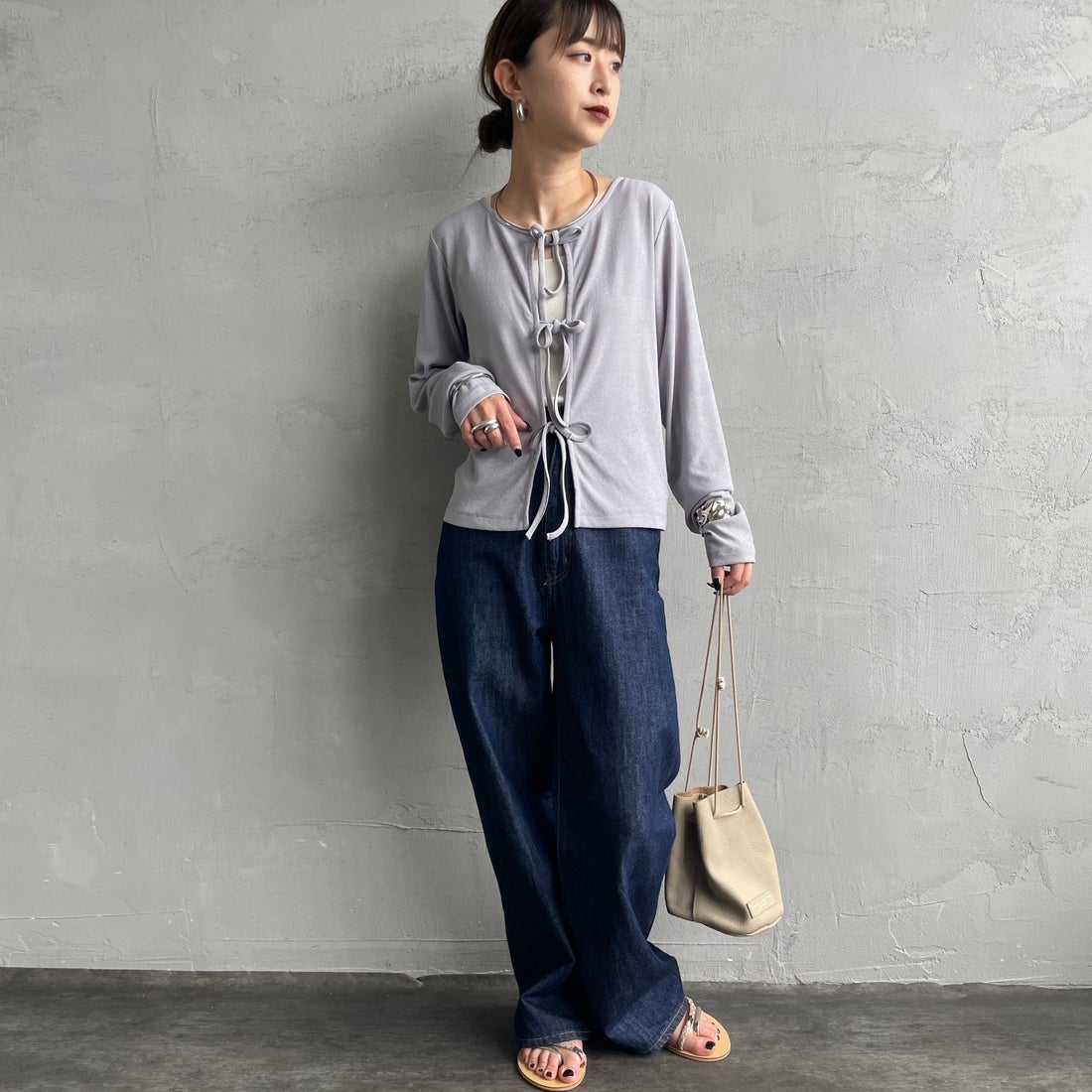 Jf Ready Made [ジェイエフレディメイド] 強撚フライス2WAYカーディガン [3103102] 805 ｸﾞﾚｲ &&モデル身長：150cm 着用サイズ：F&&