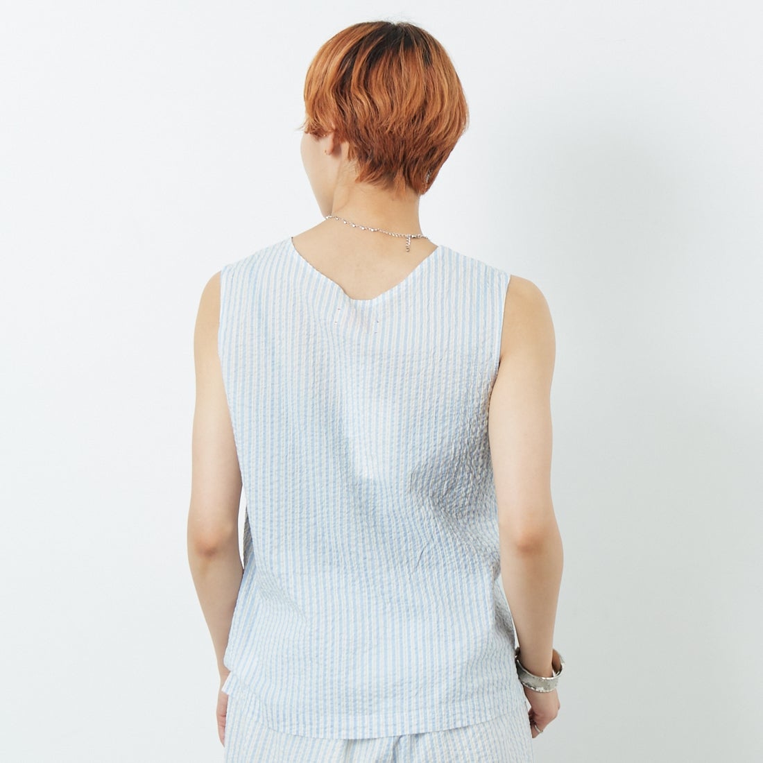 MEYAME [メヤメ] ライトコットン ストライプノースリーブトップス [MEY-2107] BLUE &&モデル身長：160cm 着用サイズ：F&&