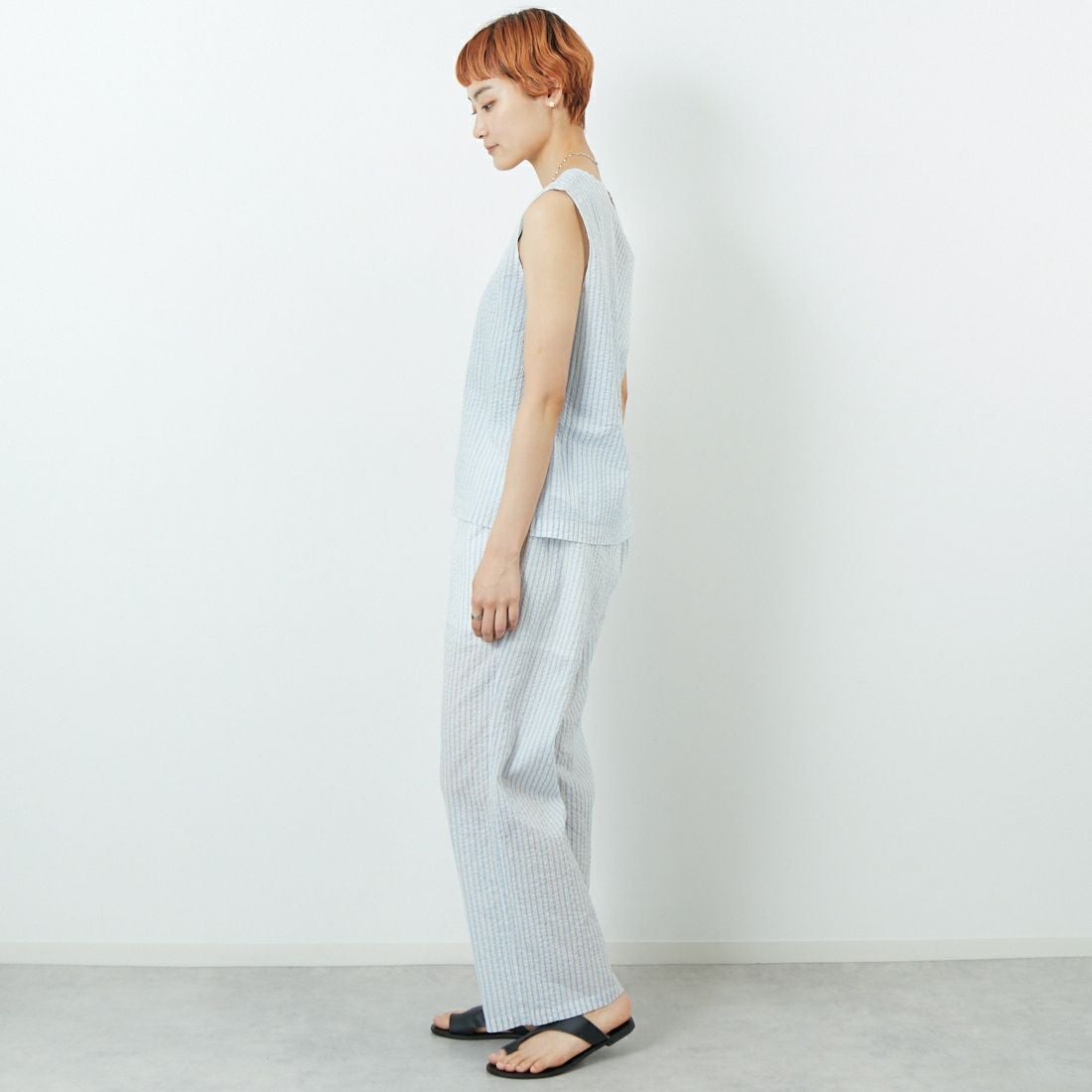 MEYAME [メヤメ] ライトコットン ストライプノースリーブトップス [MEY-2107] BLUE &&モデル身長：160cm 着用サイズ：F&&