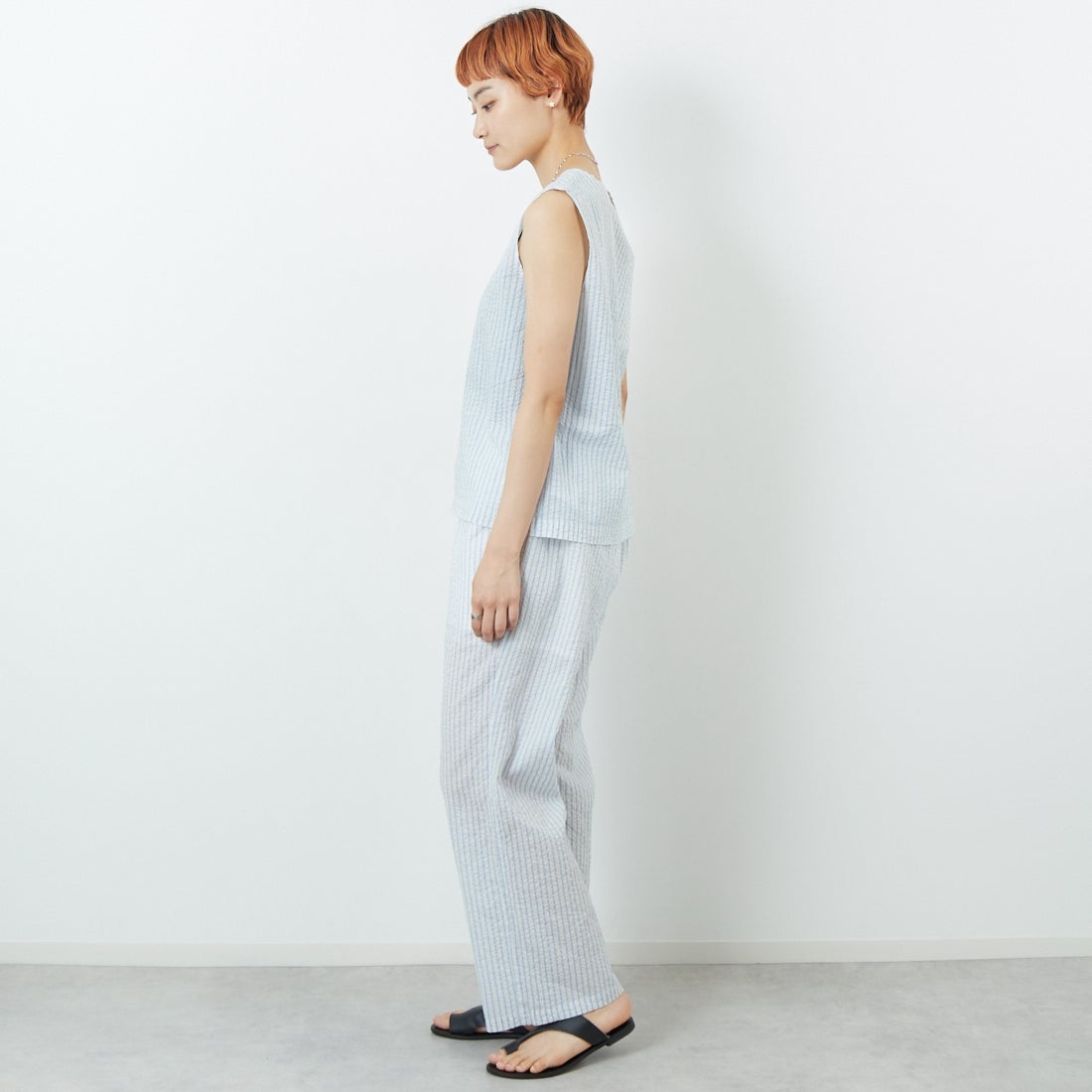 MEYAME [メヤメ] ライトコットン ストライプノースリーブトップス [MEY-2107] BLUE &&モデル身長：160cm 着用サイズ：F&&