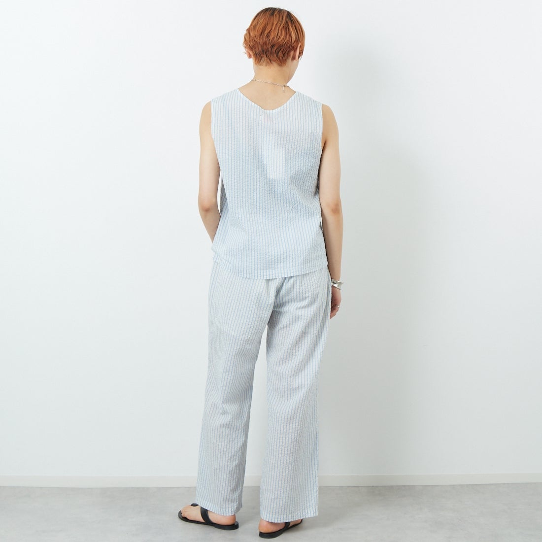 MEYAME [メヤメ] ライトコットン ストライプノースリーブトップス [MEY-2107] BLUE &&モデル身長：160cm 着用サイズ：F&&