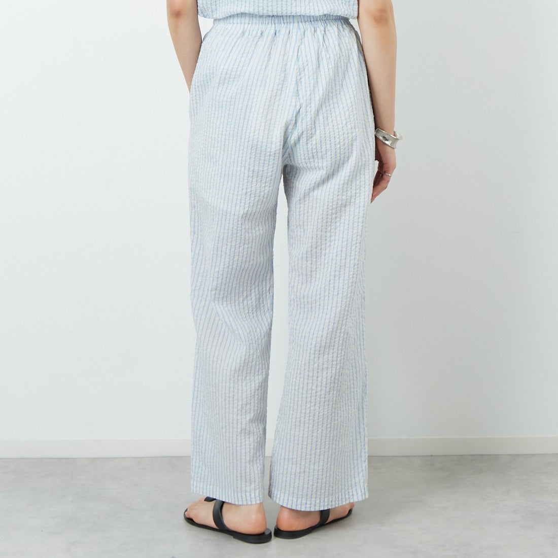 MEYAME [メヤメ] ライトコットン ストライプパンツ [MEY-2106] BLUE &&モデル身長：160cm 着用サイズ：F&&