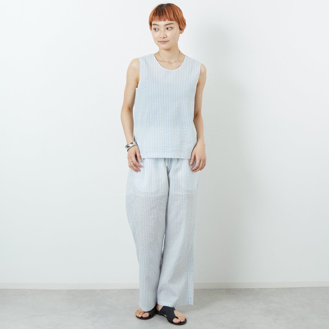 MEYAME [メヤメ] ライトコットン ストライプパンツ [MEY-2106] BLUE &&モデル身長：160cm 着用サイズ：F&&