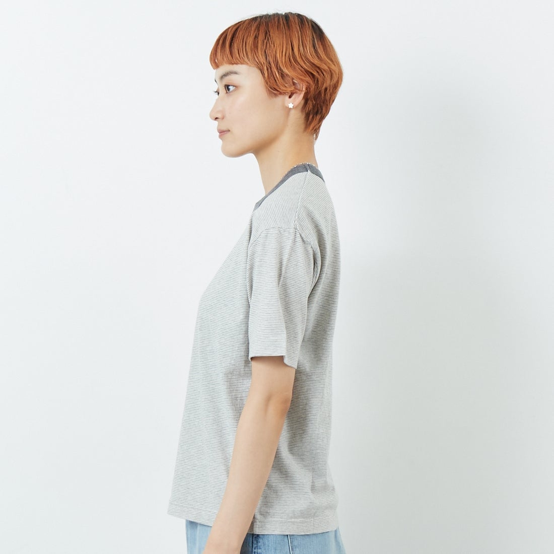 MEYAME [メヤメ] オーガニックコットンボーダーTシャツ [MEY-2123] GREY &&モデル身長：160cm 着用サイズ：F&&