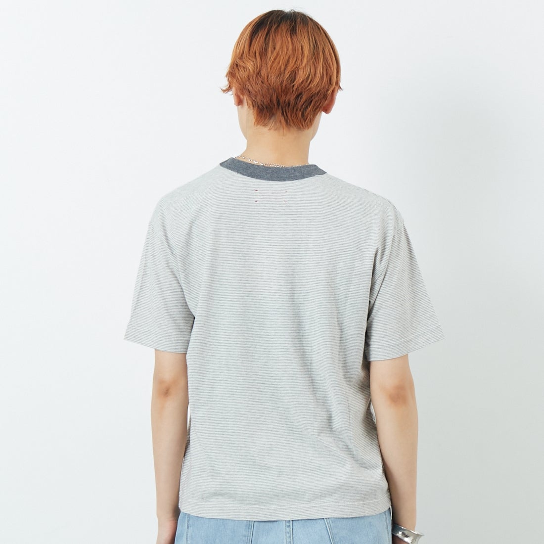 MEYAME [メヤメ] オーガニックコットンボーダーTシャツ [MEY-2123] GREY &&モデル身長：160cm 着用サイズ：F&&