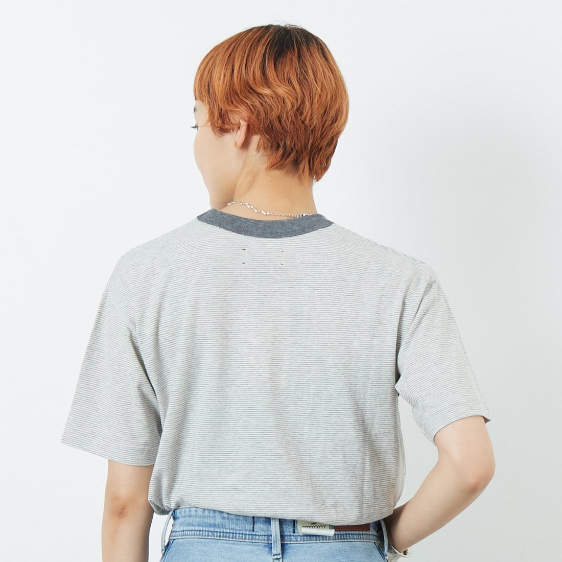 MEYAME [メヤメ] オーガニックコットンボーダーTシャツ [MEY-2123] GREY &&モデル身長：160cm 着用サイズ：F&&