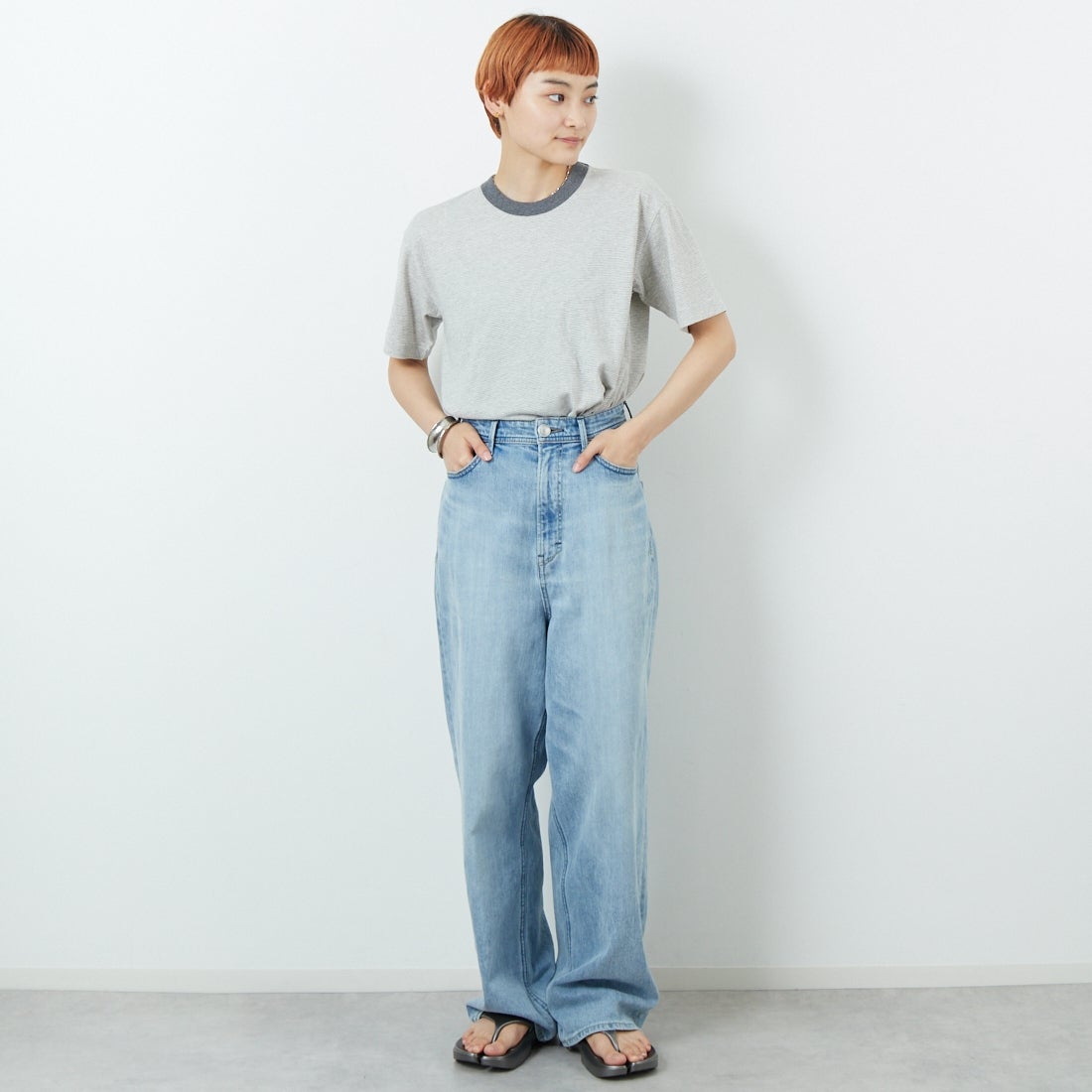 MEYAME [メヤメ] オーガニックコットンボーダーTシャツ [MEY-2123] GREY &&モデル身長：160cm 着用サイズ：F&&