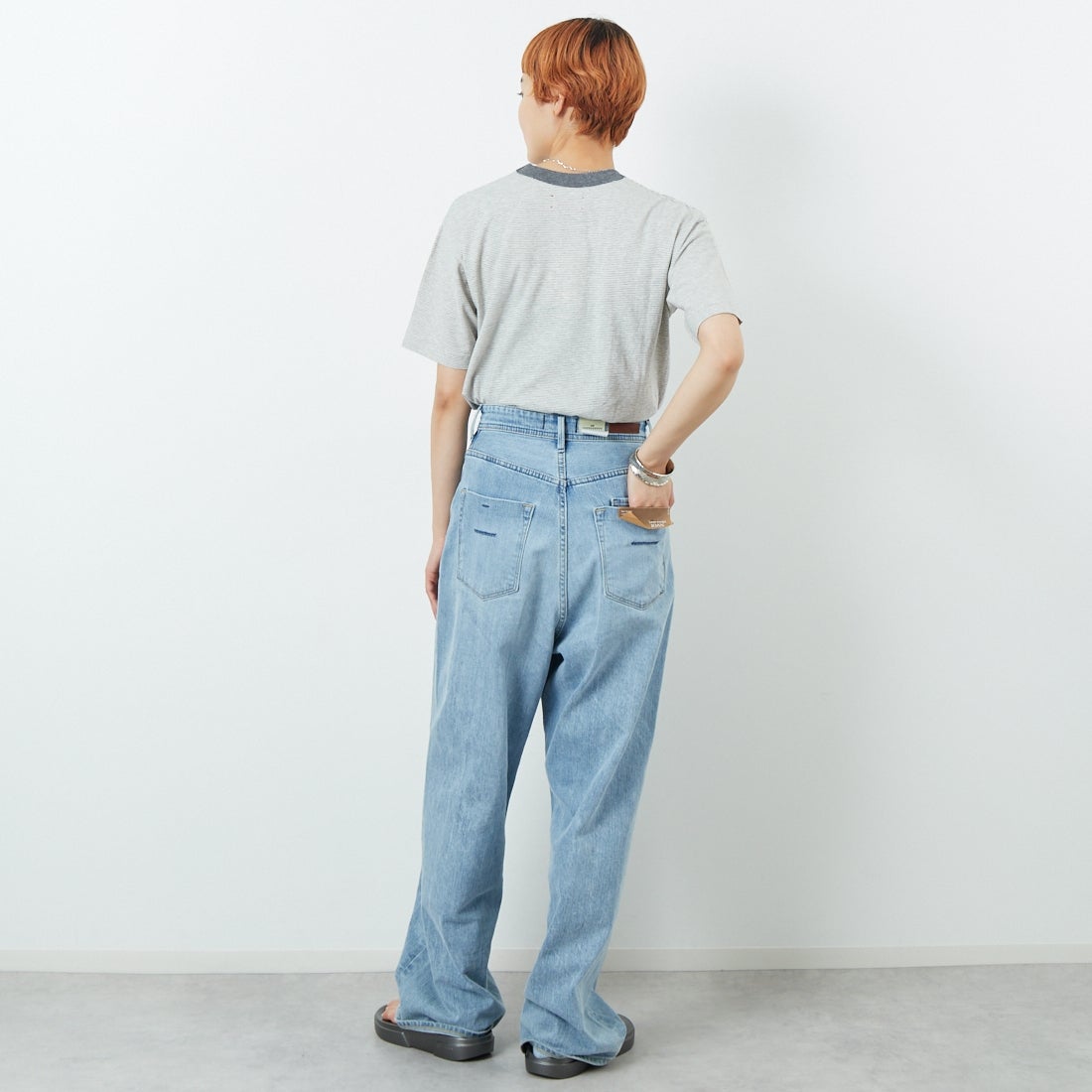 MEYAME [メヤメ] オーガニックコットンボーダーTシャツ [MEY-2123] GREY &&モデル身長：160cm 着用サイズ：F&&