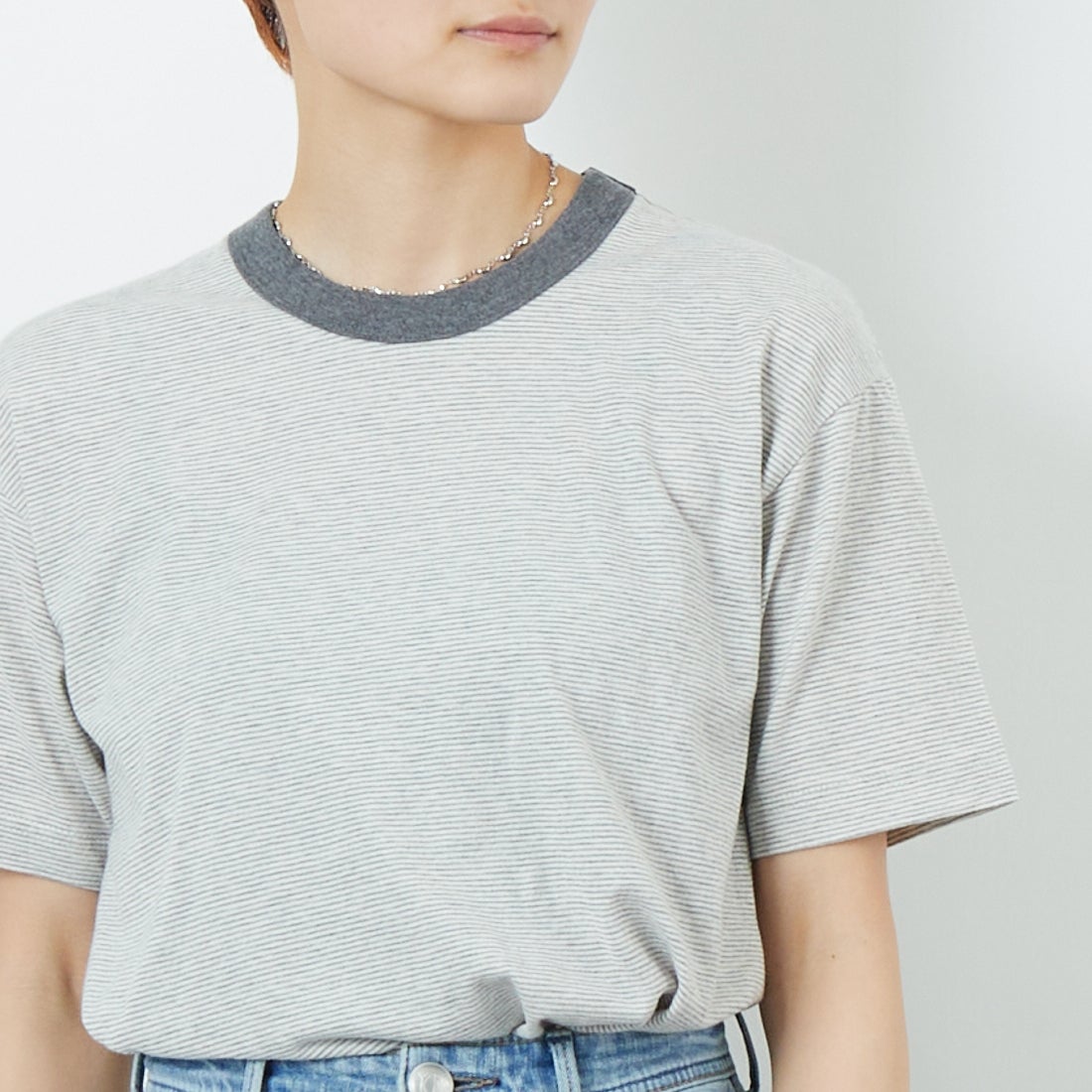 MEYAME [メヤメ] オーガニックコットンボーダーTシャツ [MEY-2123] GREY &&モデル身長：160cm 着用サイズ：F&&