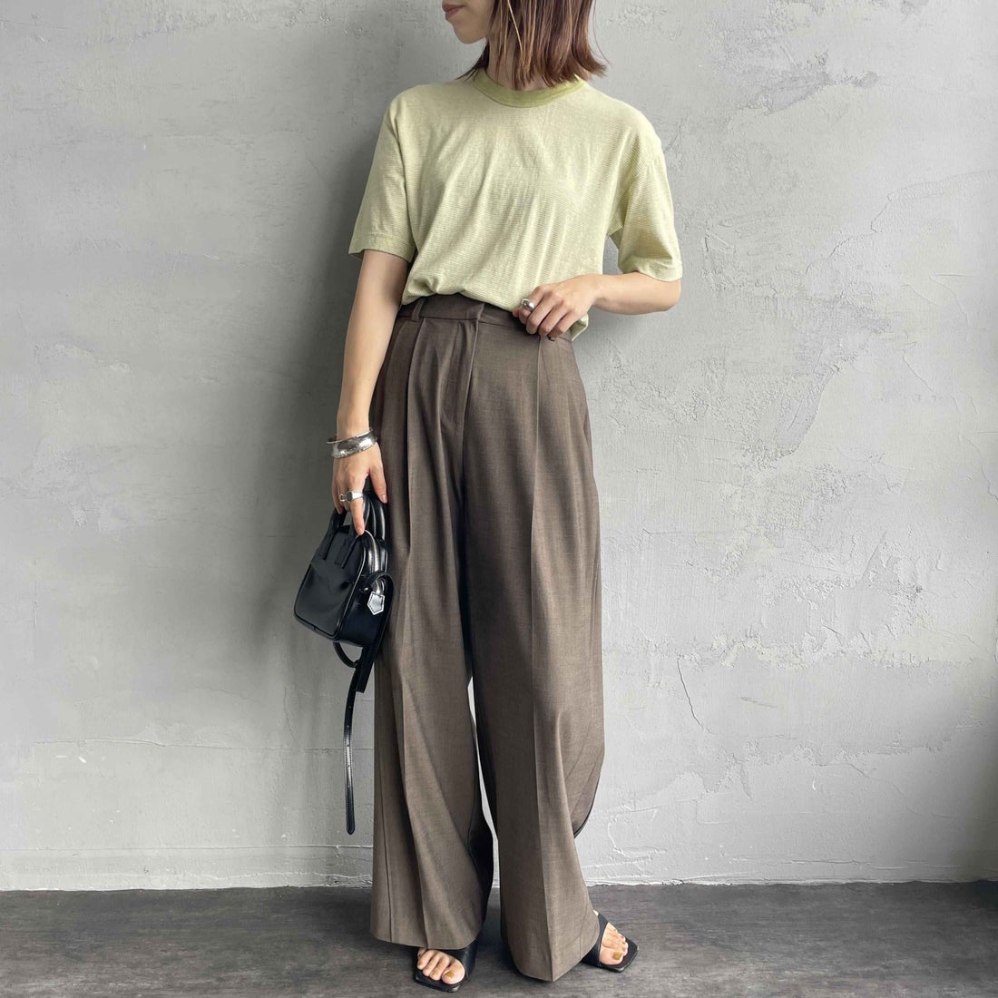 MEYAME [メヤメ] オーガニックコットンボーダーTシャツ [MEY-2123] GREEN &&モデル身長：158cm 着用サイズ：F&&