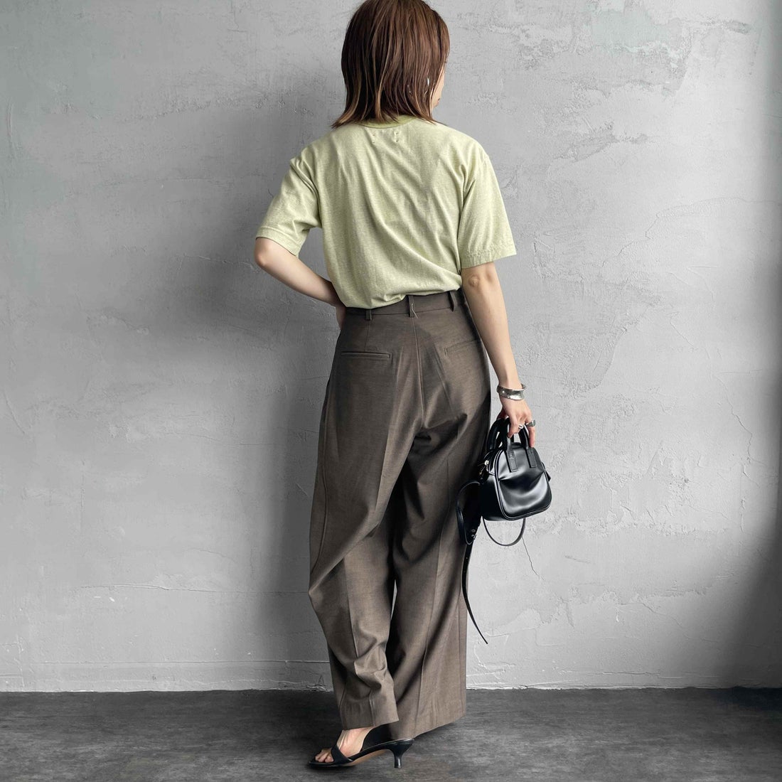 MEYAME [メヤメ] オーガニックコットンボーダーTシャツ [MEY-2123] GREEN &&モデル身長：158cm 着用サイズ：F&&