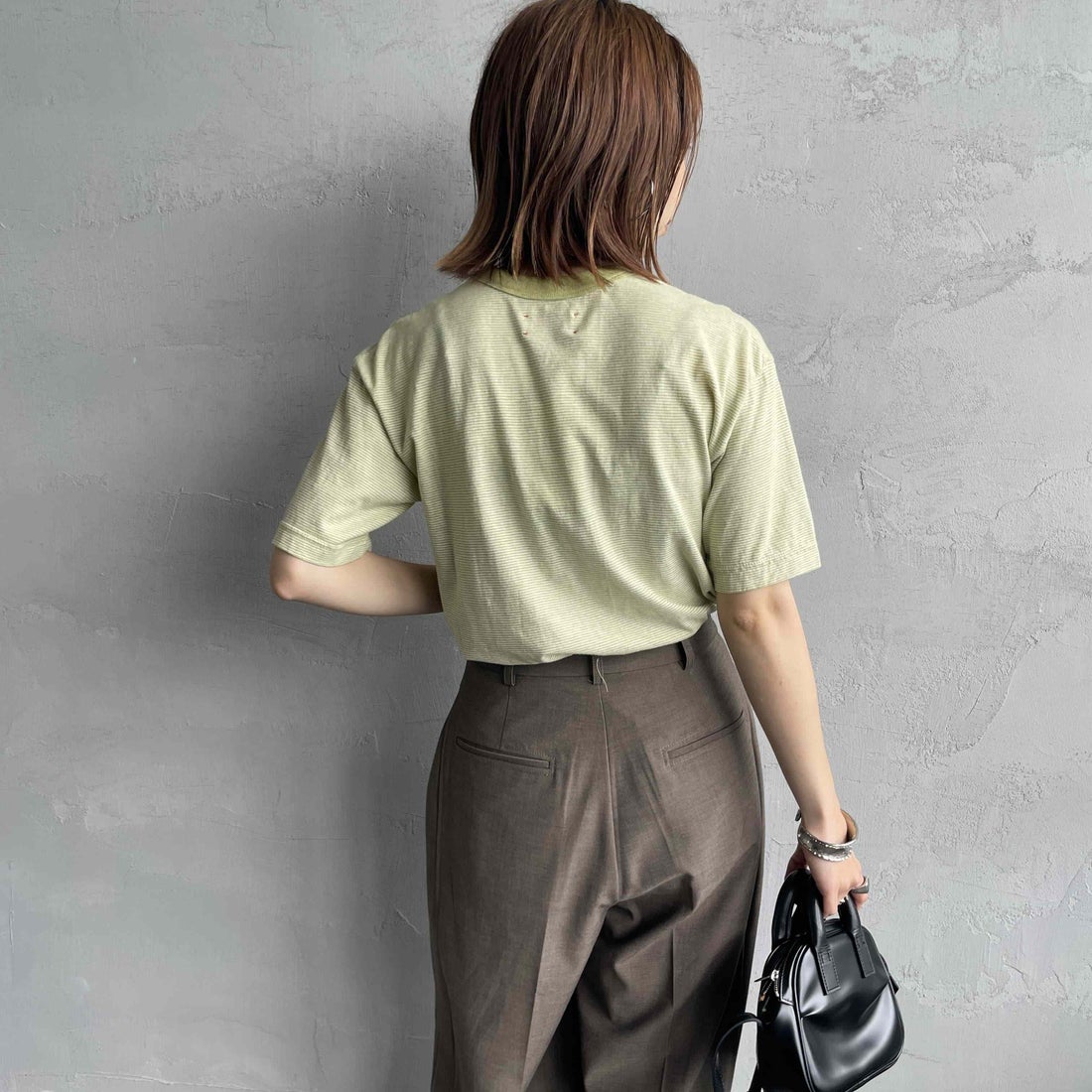 MEYAME [メヤメ] オーガニックコットンボーダーTシャツ [MEY-2123] GREEN &&モデル身長：158cm 着用サイズ：F&&