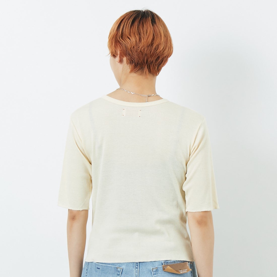 MEYAME [メヤメ] リブハーフスリーブTシャツ [MEY-2117] CREAM &&モデル身長：160cm 着用サイズ：F&&