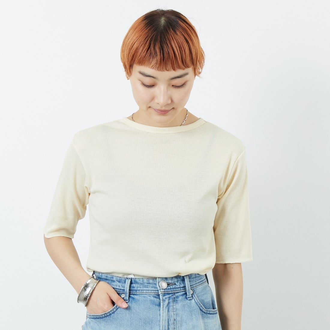 MEYAME [メヤメ] リブハーフスリーブTシャツ [MEY-2117] CREAM &&モデル身長：160cm 着用サイズ：F&&