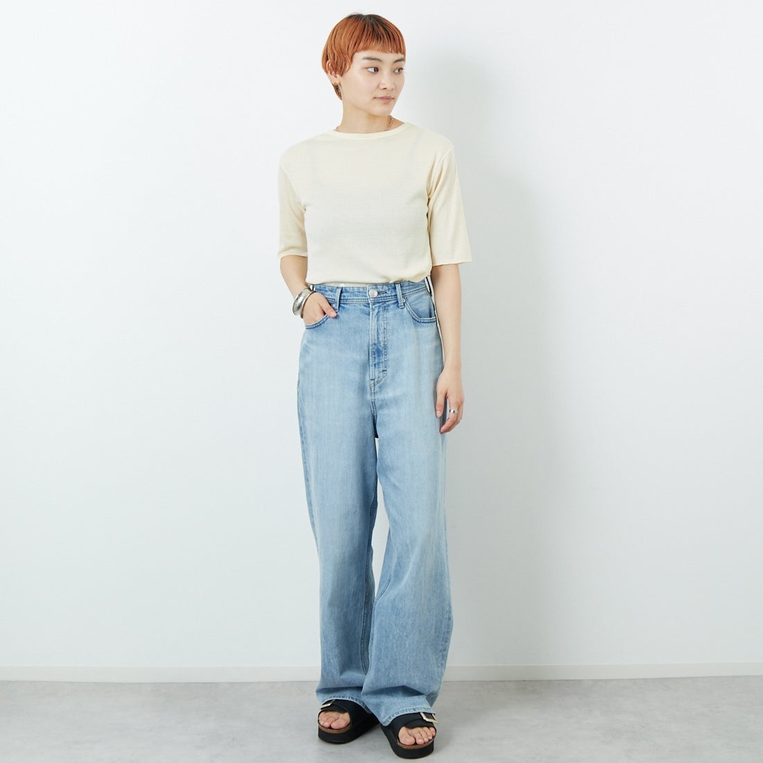 MEYAME [メヤメ] リブハーフスリーブTシャツ [MEY-2117] CREAM &&モデル身長：160cm 着用サイズ：F&&