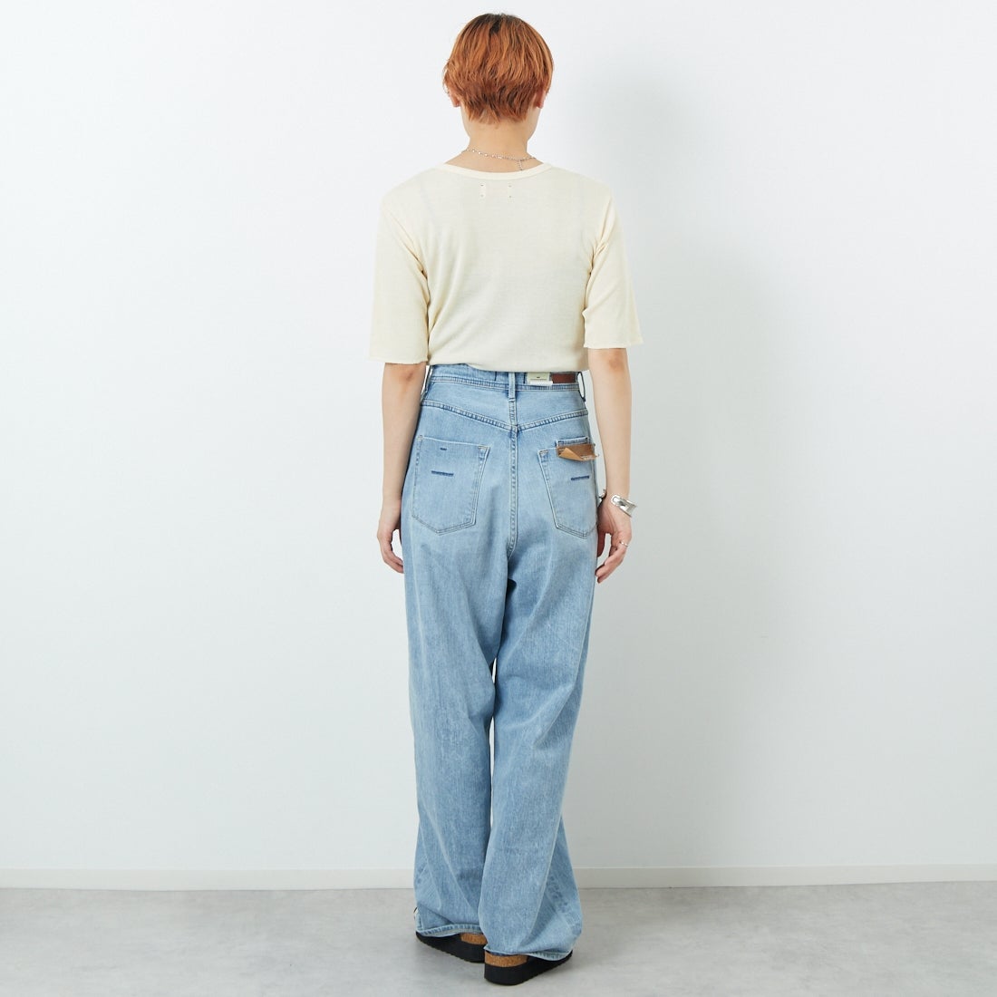 MEYAME [メヤメ] リブハーフスリーブTシャツ [MEY-2117] CREAM &&モデル身長：160cm 着用サイズ：F&&