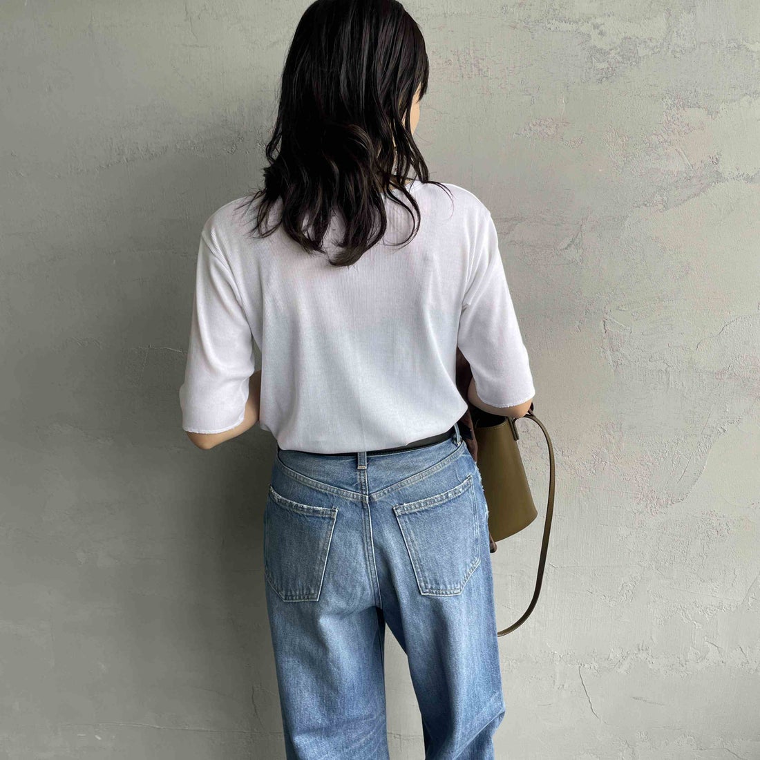 MEYAME [メヤメ] リブハーフスリーブTシャツ [MEY-2117] WHITE &&モデル身長：160cm 着用サイズ：F&&