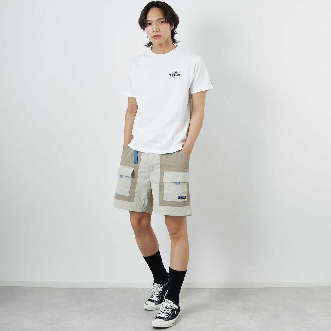 The Endless Summer [エンドレスサマー] 3カラーロゴプリントTシャツ [FH-25574338] 07 WHITE &&モデル身長：179cm 着用サイズ：M&&