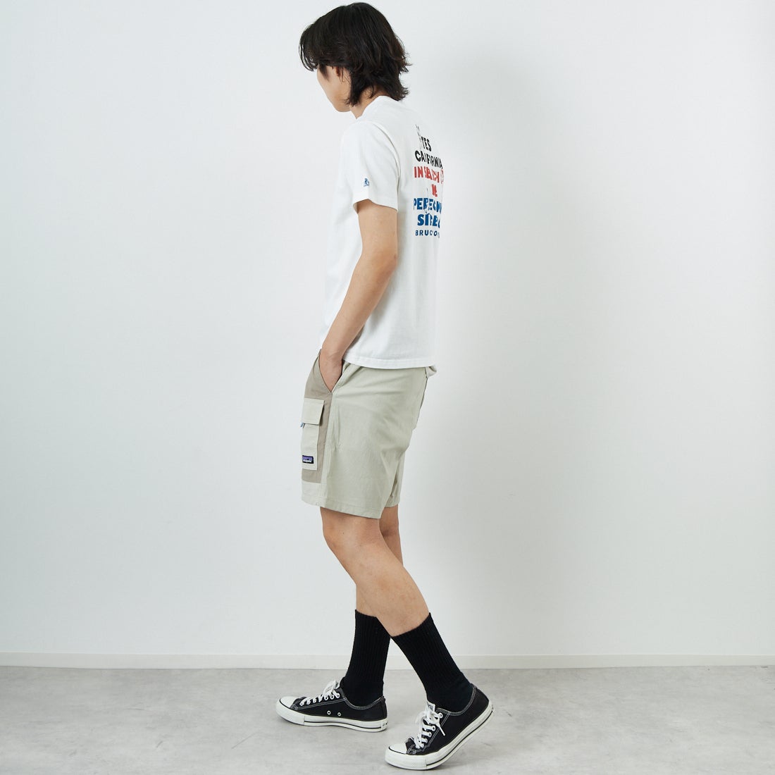 The Endless Summer [エンドレスサマー] 3カラーロゴプリントTシャツ [FH-25574338] 07 WHITE &&モデル身長：179cm 着用サイズ：M&&
